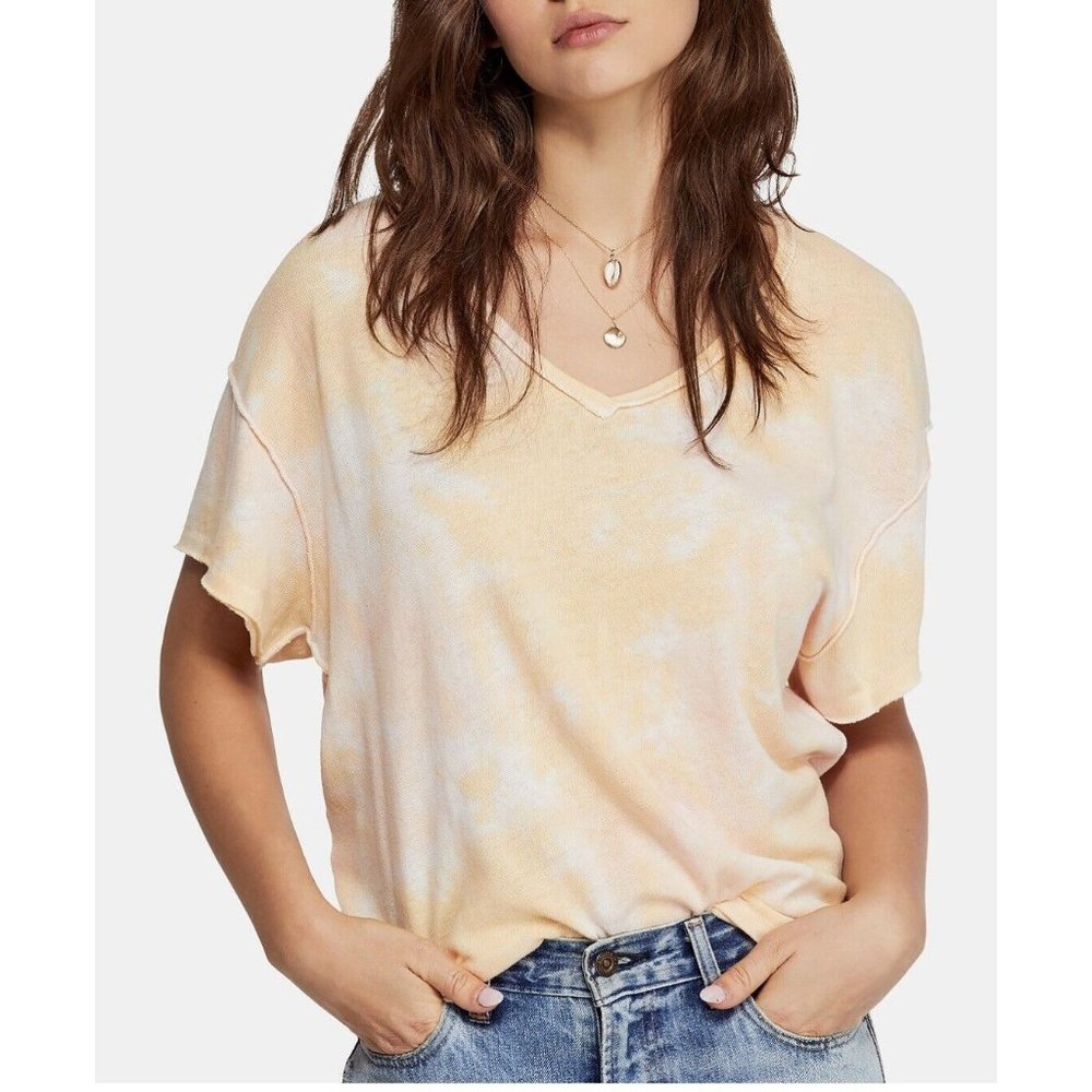 FREE PEOPLE Womens Pink Tie Dye Short Sleeve V Neck T-Shirt Size XS
